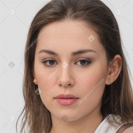 Neutral white young-adult female with long  brown hair and brown eyes