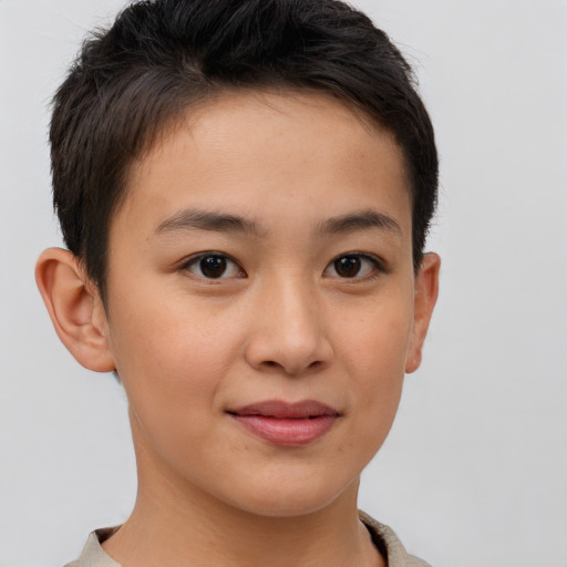 Joyful asian young-adult female with short  brown hair and brown eyes