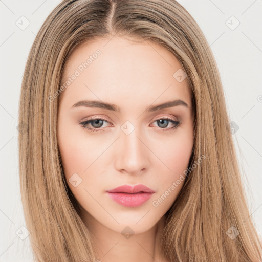 Neutral white young-adult female with long  brown hair and brown eyes