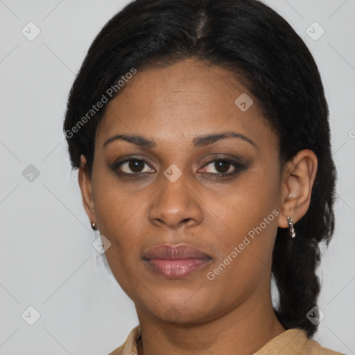 Joyful latino young-adult female with medium  black hair and brown eyes
