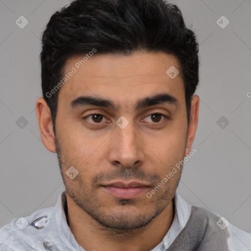 Neutral white young-adult male with short  black hair and brown eyes