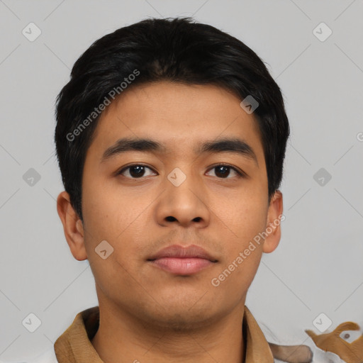 Neutral asian young-adult male with short  black hair and brown eyes