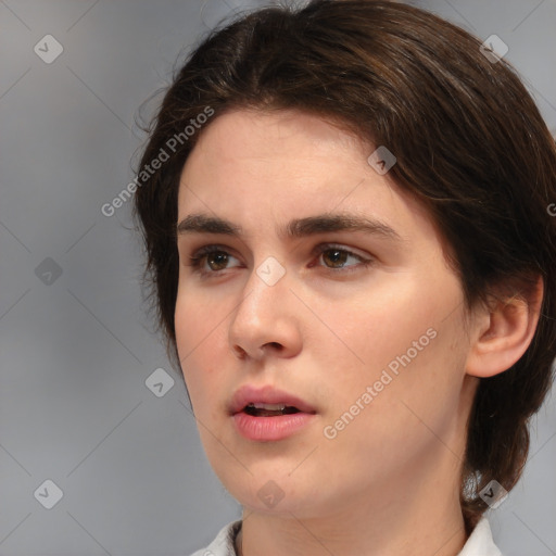 Neutral white young-adult female with medium  brown hair and brown eyes