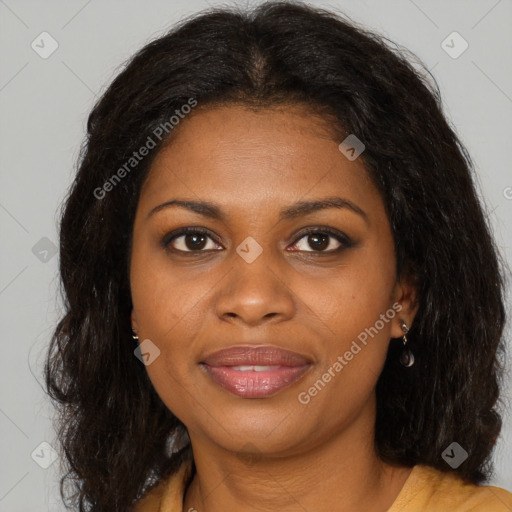 Joyful black young-adult female with long  brown hair and brown eyes