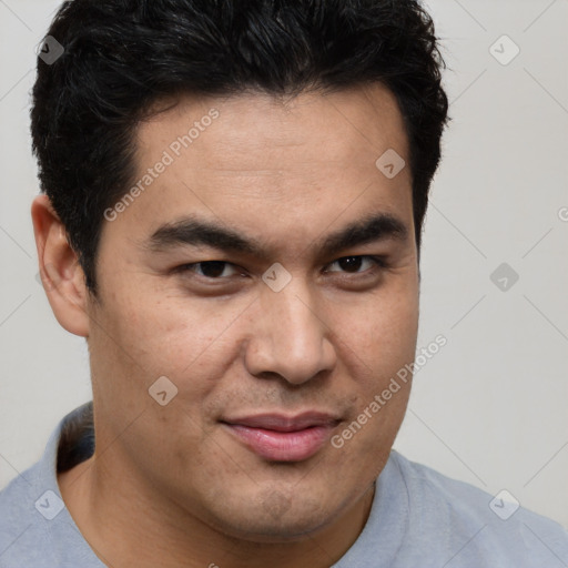 Joyful latino young-adult male with short  brown hair and brown eyes