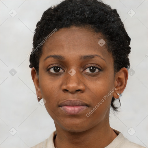 Neutral black young-adult female with short  black hair and brown eyes