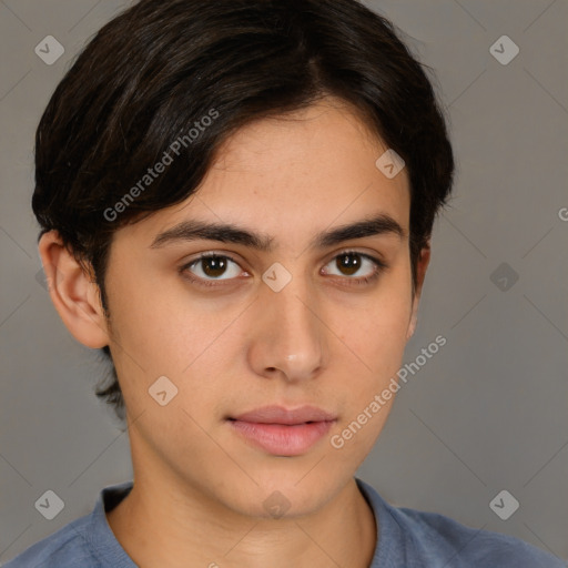 Neutral white young-adult male with short  brown hair and brown eyes