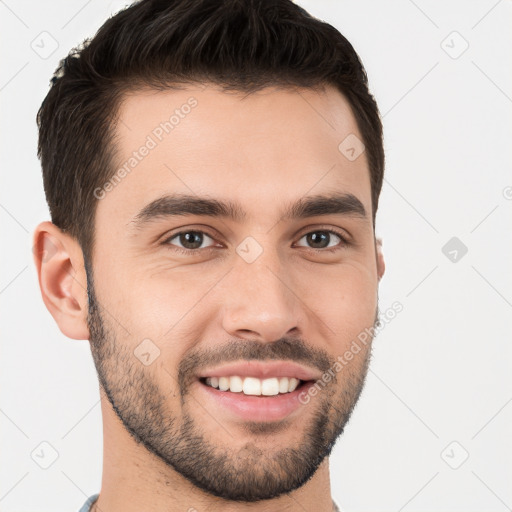 Joyful white young-adult male with short  brown hair and brown eyes