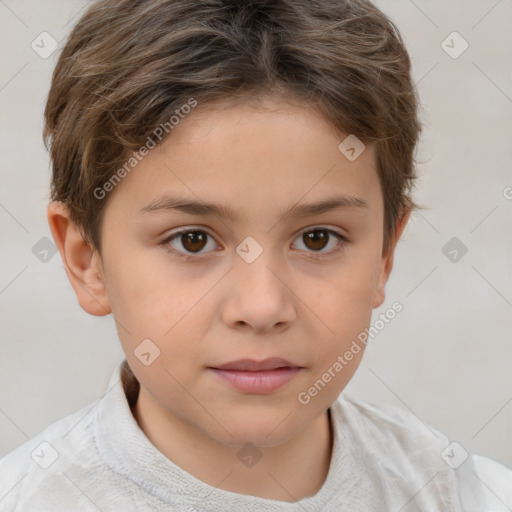 Joyful white child female with short  brown hair and brown eyes