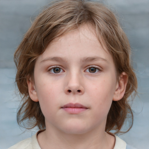 Neutral white child female with medium  brown hair and blue eyes