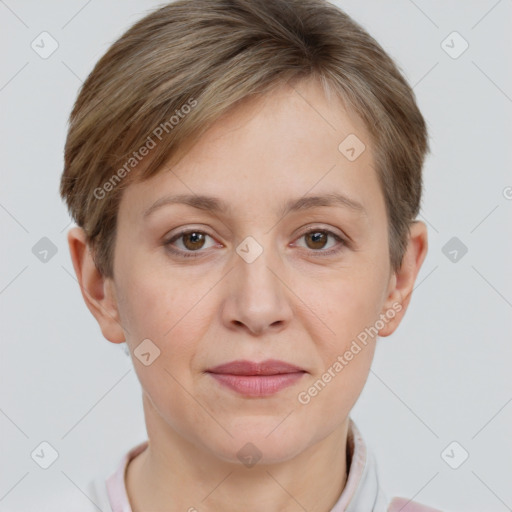 Joyful white adult female with short  brown hair and grey eyes