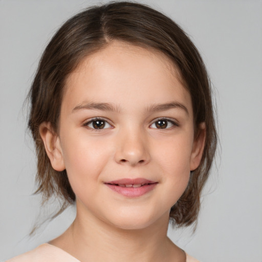 Joyful white child female with medium  brown hair and brown eyes