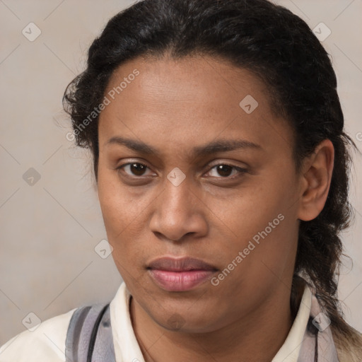 Joyful black young-adult female with medium  brown hair and brown eyes