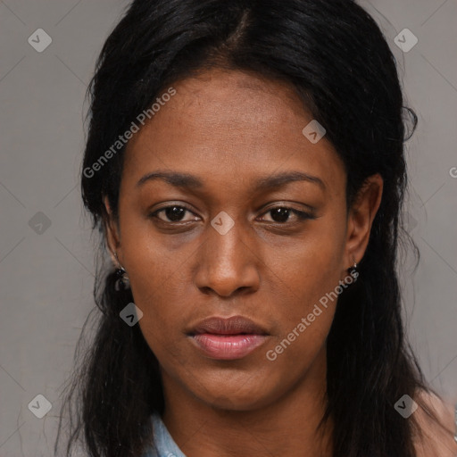 Neutral black young-adult female with long  black hair and brown eyes