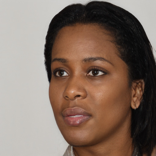 Neutral black young-adult female with long  black hair and brown eyes