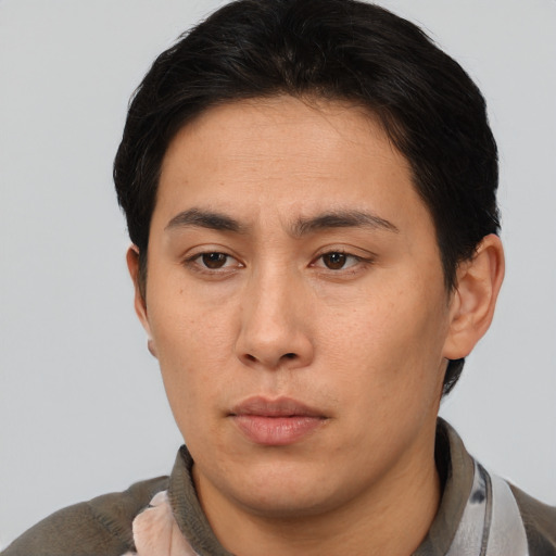 Neutral asian young-adult male with short  brown hair and brown eyes