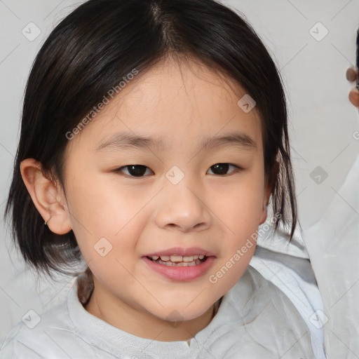 Joyful white child female with medium  brown hair and brown eyes