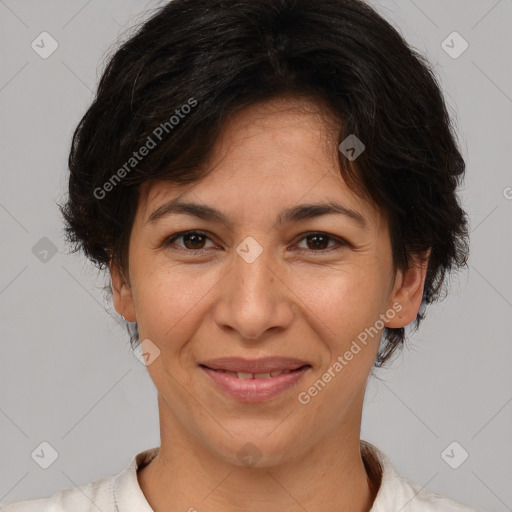 Joyful white adult female with short  brown hair and brown eyes