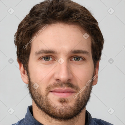 Neutral white young-adult male with short  brown hair and grey eyes