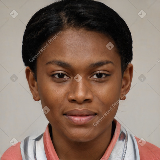 Joyful latino young-adult female with short  black hair and brown eyes