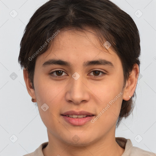 Joyful white young-adult female with short  brown hair and brown eyes