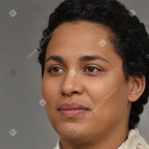 Joyful latino young-adult female with short  brown hair and brown eyes