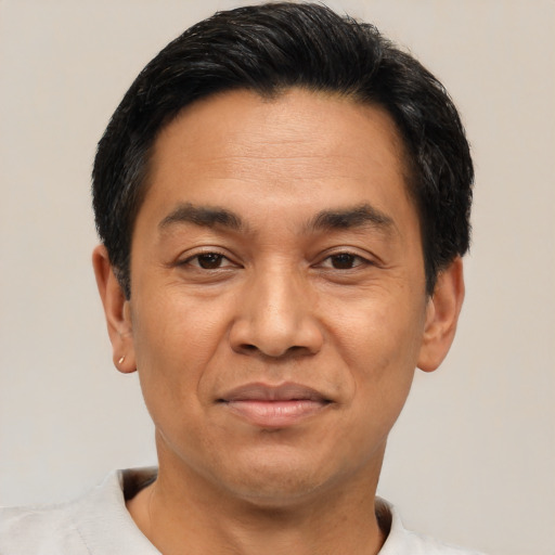 Joyful latino adult male with short  black hair and brown eyes
