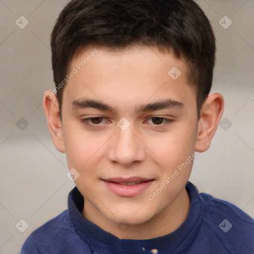 Joyful white child male with short  brown hair and brown eyes