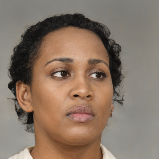 Neutral black young-adult female with short  brown hair and brown eyes