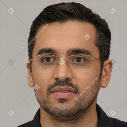 Neutral latino young-adult male with short  black hair and brown eyes