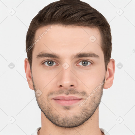 Neutral white young-adult male with short  brown hair and brown eyes