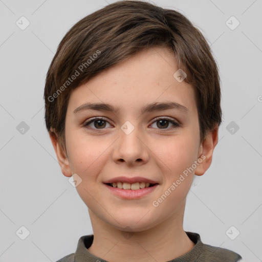 Joyful white child female with short  brown hair and brown eyes