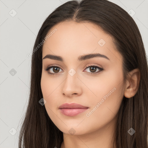 Neutral white young-adult female with long  brown hair and brown eyes