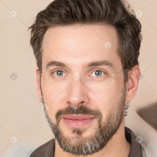 Neutral white adult male with short  brown hair and brown eyes