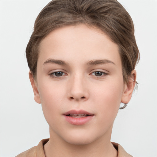 Neutral white young-adult female with short  brown hair and brown eyes