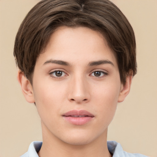 Neutral white young-adult female with short  brown hair and brown eyes