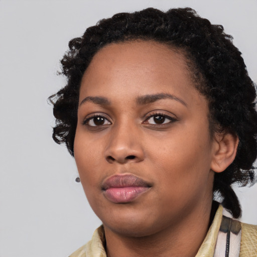 Neutral black young-adult female with medium  black hair and brown eyes