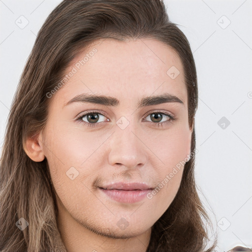 Neutral white young-adult female with long  brown hair and brown eyes