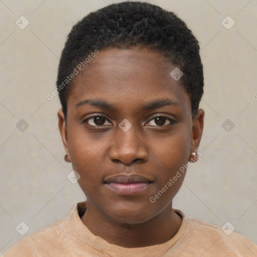 Neutral black young-adult female with short  black hair and brown eyes