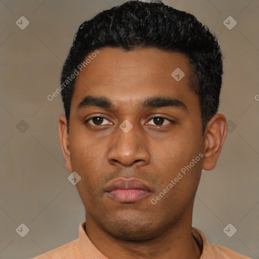 Neutral latino young-adult male with short  black hair and brown eyes