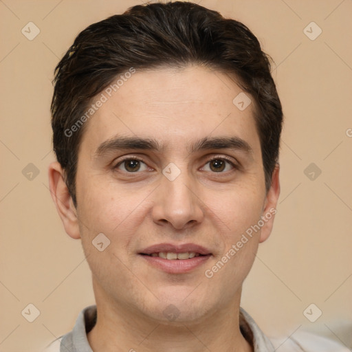 Joyful white young-adult male with short  brown hair and brown eyes