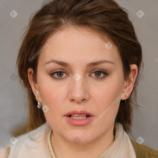 Joyful white young-adult female with medium  brown hair and blue eyes