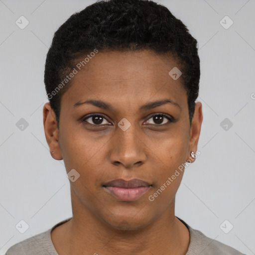 Neutral black young-adult female with short  black hair and brown eyes