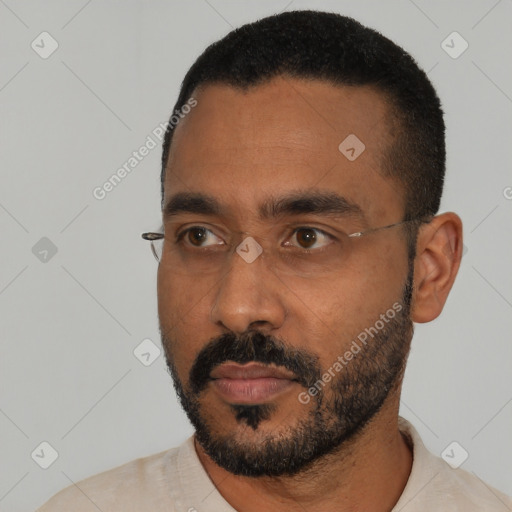 Neutral black young-adult male with short  black hair and brown eyes