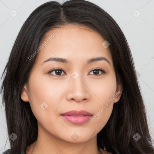 Joyful asian young-adult female with long  brown hair and brown eyes