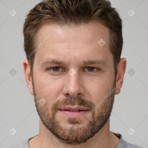 Neutral white young-adult male with short  brown hair and grey eyes