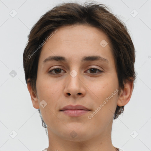 Neutral white young-adult female with short  brown hair and brown eyes