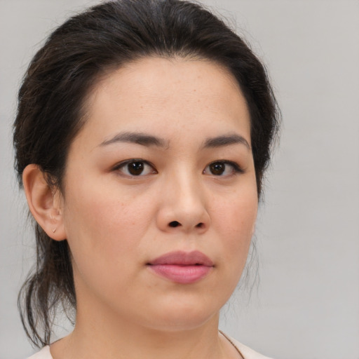 Neutral white young-adult female with medium  brown hair and brown eyes