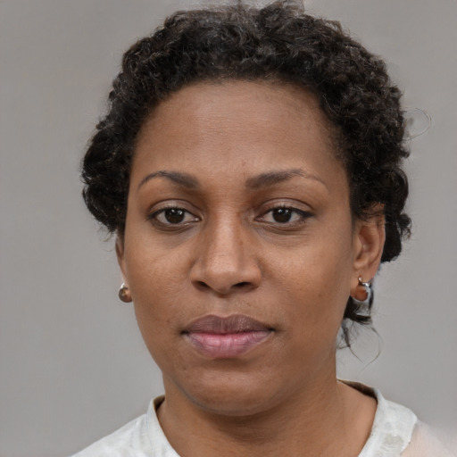 Neutral black adult female with short  brown hair and brown eyes