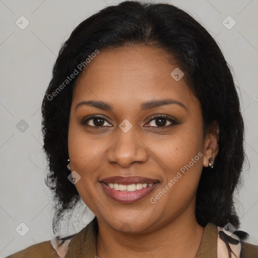 Joyful black young-adult female with medium  brown hair and brown eyes